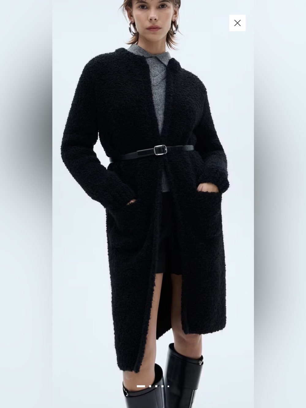 Mango Long Black Bouclé Open-Front Coat